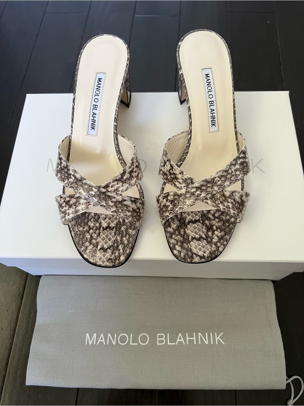 Manolo Blahnik Newton Snakeskin-Embossed Mules, Roccia, Size 36.5